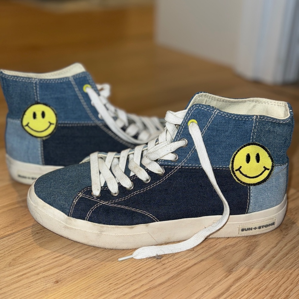 Sun + Stone Denim High-Top Sneakers with Smiley Face Patch – Size 9 Men’s